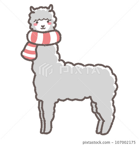 Illustration of a fluffy alpaca wrapped in a scarf (full body) Illustration of a fluffy alpaca wrapped in a scarf (full body) 107002175