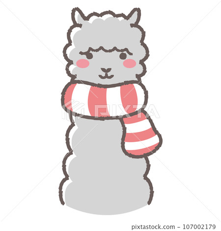 Illustration of a fluffy alpaca wearing a scarf (front facing face) 107002179