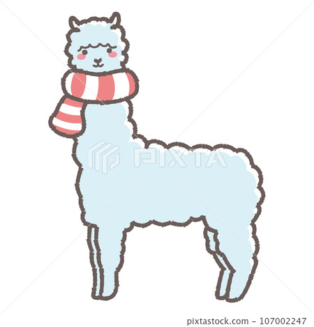 Illustration of a fluffy alpaca wrapped in a scarf (full body) Illustration of a fluffy alpaca wrapped in a scarf (full body) 107002247