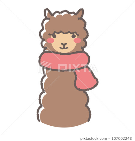 Illustration of a fluffy alpaca wearing a scarf (front facing face) Illustration of a fluffy alpaca wearing a scarf (front facing face) 107002248