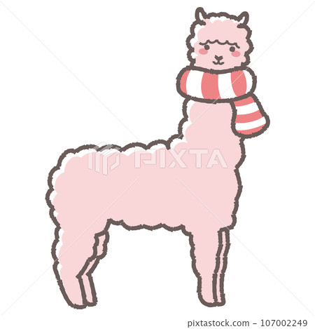 Illustration of a fluffy alpaca wrapped in a scarf (full body) Illustration of a fluffy alpaca wrapped in a scarf (full body) 107002249