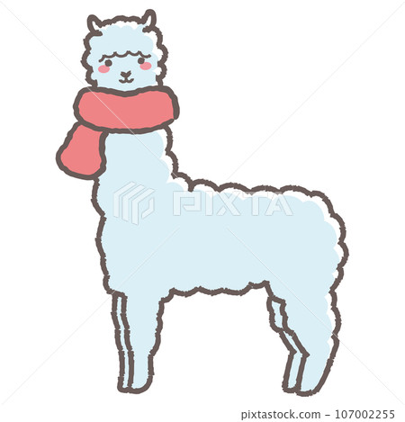 Illustration of a fluffy alpaca wrapped in a scarf (full body) Illustration of a fluffy alpaca wrapped in a scarf (full body) 107002255