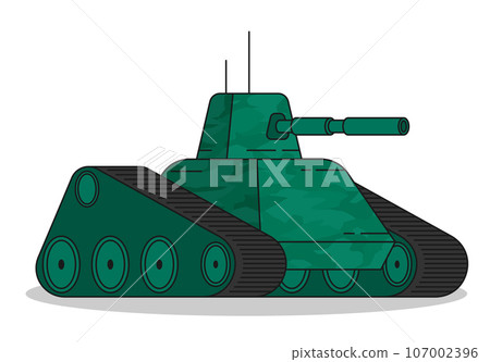 Protected army track tank with camouflage coloring and long barrel for firing projectiles at enemy. Heavy self propelled artillery equipment. Simple flat vector isolated on white background Protected army track tank with camouflage coloring and long barrel for firing projectiles at enemy. Heavy self propelled artillery equipment. Simple flat vector isolated on white background 107002396