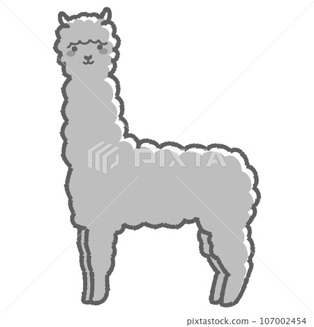 蓬鬆的羊駝（全身）黑白插圖 107002454