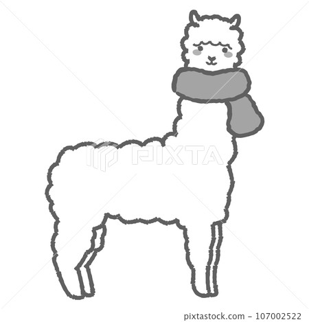 Illustration of a fluffy alpaca wrapped in a scarf (full body) black and white 107002522