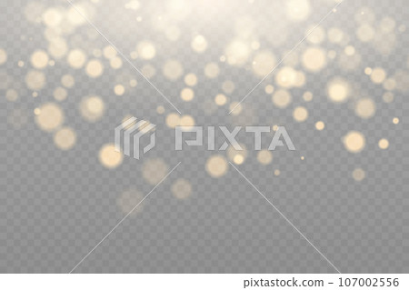 Golden dust light. Bokeh light lights effect background. Abstract magic light dust effect. Christmas lights. Glowing flying dust. 107002556