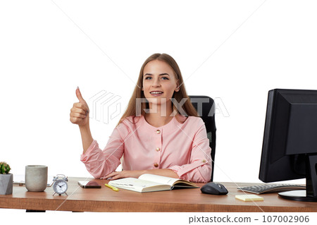cheerful female manager showing Ok sign gesture cheerful female manager showing Ok sign gesture 107002906