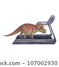 Triceratops on the treadmill. Dinosaur athlete. Watercolor illustration isolated on a white background. Hand drawn 107002930