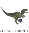 Tirannosaurus with a barbell. Dinosaur athlete. Watercolor illustration isolated on a white background. Hand drawn 107002931