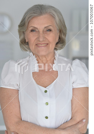 Close up portrait of senior woman, posing against gray background. Close up portrait of senior woman, posing against gray background. 107003067