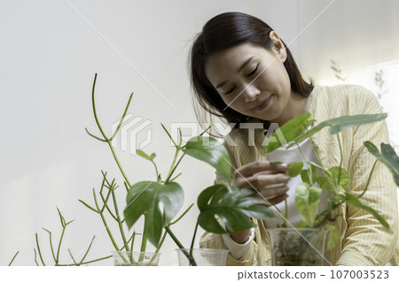 Young asian female smiling with potted plants made from recycled plastic bottles. Young asian female smiling with potted plants made from recycled plastic bottles. 107003523