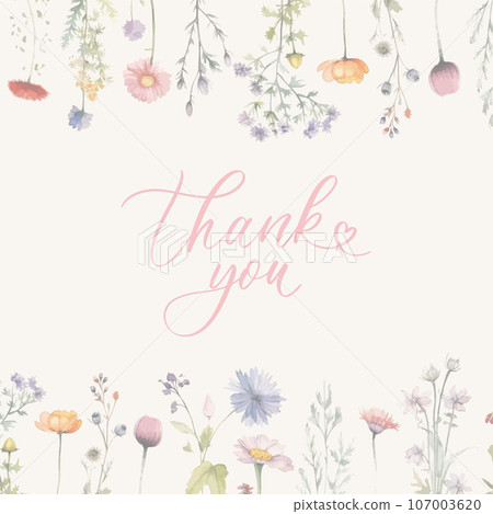 Thank you card. Calligraphy with watercolor wild herbs and flowers. Abstract floral art background vector design for wedding invitation and vip cover template. Thank you card. Calligraphy with watercolor wild herbs and flowers. Abstract floral art background vector design for wedding invitation and vip cover template. 107003620