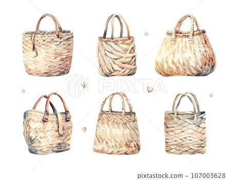 Clipart set Watercolor retro beach bags for women. Collection of watercolor woven bags for vacation or holiday isolated on white background. Fashion, accessories, summer concept. 107003628