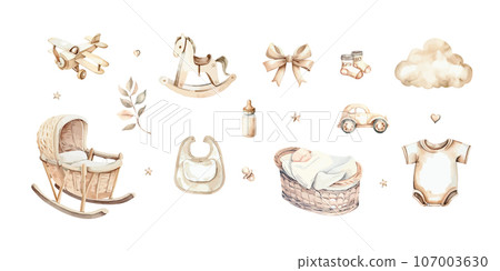 Newborn Baby Boy clipart set. Watercolor hand drawn illustrations with elements for baby shower isolated on white background. 107003630