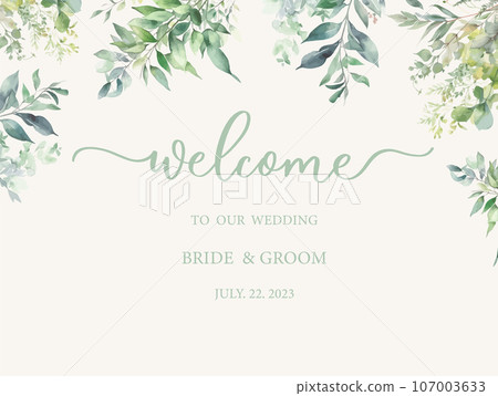 Welcome wedding sign. Calligraphy with green watercolor botanical leaves. Abstract floral art background vector design for wedding invitation and vip cover template. 107003633