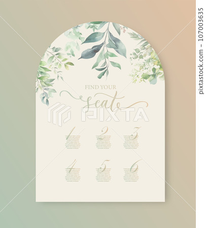 Find your seat wedding card with green watercolor botanical leaves. Abstract floral art background vector design. 107003635
