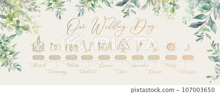 Wedding Timeline menu on wedding day. Our wedding day calligraphy inscription. 107003650