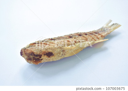 deep fried salty mullet fish arranging on white background deep fried salty mullet fish arranging on white background 107003675