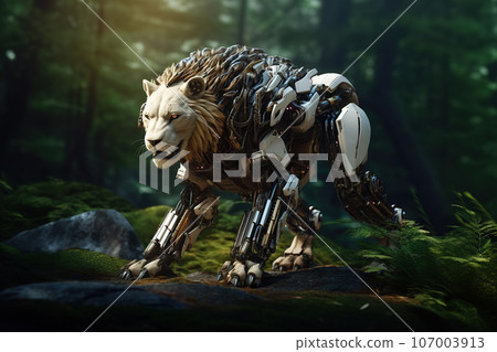 Image of male lion gundam robot technology an ectronic in the forest. Wildlife Animals. Generative AI. Illustration. 107003913