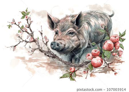 Image of boar with pink cherry blossoms in ancient chinese style. Wildlife Animals. Nature. Illustration, Generative AI. 107003914