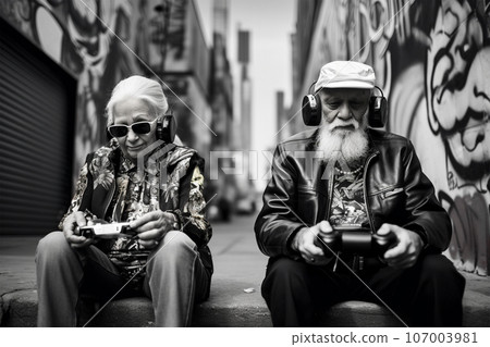 Mature couple playing video games on the street. black and white photo Mature couple playing video games on the street. black and white photo 107003981