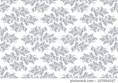 Wallpaper in the style of Baroque. Seamless vector background. White and gray floral ornament. Graphic pattern for fabric, wallpaper, packaging. Ornate Damask flower ornament. Wallpaper in the style of Baroque. Seamless vector background. White and gray floral ornament. Graphic pattern for fabric, wallpaper, packaging. Ornate Damask flower ornament. 107004287