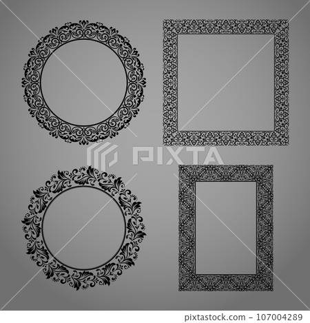Set of decorative frames Elegant vector element for design in Eastern style, place for text. Floral black and gray borders. Lace illustration for invitations and greeting cards Set of decorative frames Elegant vector element for design in Eastern style, place for text. Floral black and gray borders. Lace illustration for invitations and greeting cards 107004289
