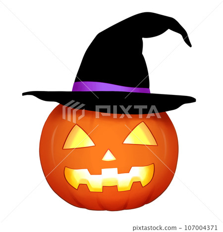 Halloween pumpkin, glowing jack-o-lantern, black hat 107004371