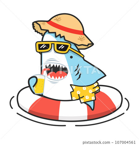 Cute shark inflatable ring with glass of juice and straw hat Cute shark inflatable ring with glass of juice and straw hat 107004561