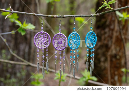 earrings of Handmade dream catcher with feathers threads and beads rope hanging 107004994