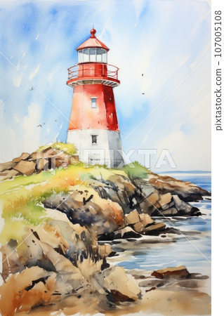 watercolor red and white lighthouse in the ocean watercolor red and white lighthouse in the ocean 107005108