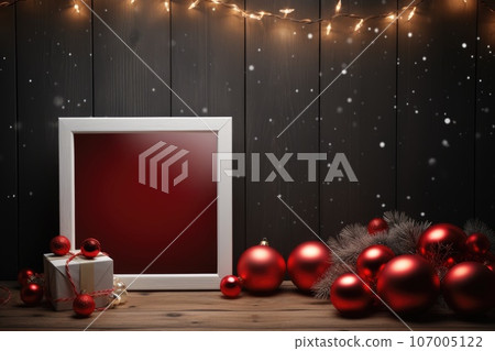 Red empty blank mockup with christmas decorations. Red empty blank mockup with christmas decorations. 107005122