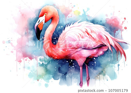 cartoon watercolor flamingo character on white background 107005179