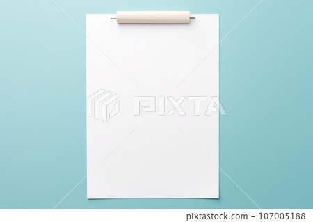 White vertical mock up of empty blank paper sheet on blue background 107005188