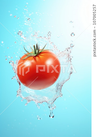 Fresh red tomato with splash fly in the air on blue pastel background. 107005257