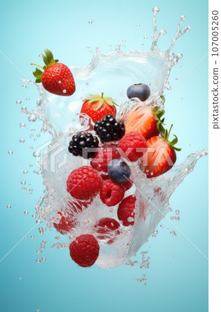 Flying mix berries with splash on blue background. Flying mix berries with splash on blue background. 107005260