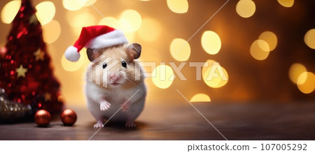 Banner of Hamster in santa hat and christmas tree with bokeh background Banner of Hamster in santa hat and christmas tree with bokeh background 107005292