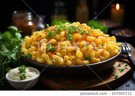Mac and cheese in a black cast iron pan Mac and cheese in a black cast iron pan 107005312