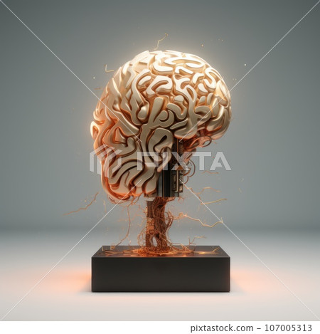 Glowing mechanical brain on grey background Glowing mechanical brain on grey background 107005313