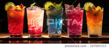 Assortment fresh rainbow cocktails on the bar counter Assortment fresh rainbow cocktails on the bar counter 107005315