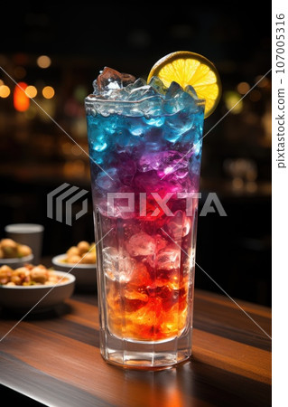 Fresh rainbow transparent cocktail with mint and citrus 107005316