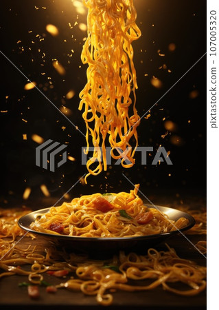 Instant noodle with sauce and vegetables flying in the air on dark Instant noodle with sauce and vegetables flying in the air on dark 107005320