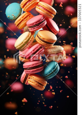 Colorful macaroons fly in the air on black background Colorful macaroons fly in the air on black background 107005321