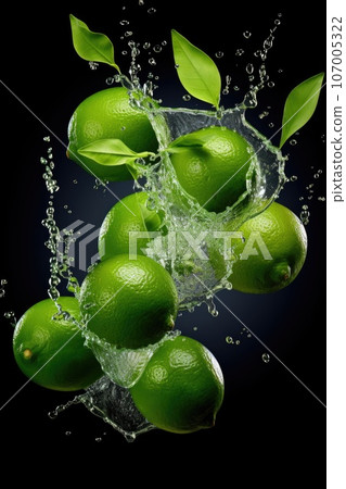 Limes with leaves and water splashes in the air. black background Limes with leaves and water splashes in the air. black background 107005322