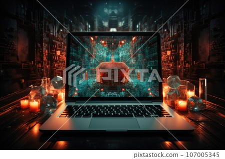 laptop with symbol of computer security on dark background 107005345