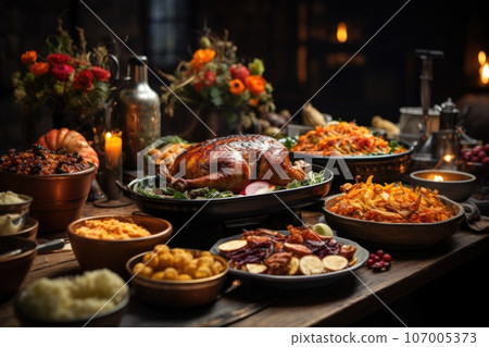 Table setting for traditional thanksgiving day. Turkey with vegetables Table setting for traditional thanksgiving day. Turkey with vegetables 107005373