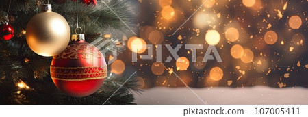 Christmas tree branch over bokeh background. Copy space. Generative AI content 107005411