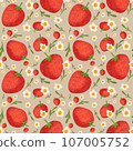Seamless pattern handdrawns of Strawberry, daisy flower and leaf on  pastel backgrounds. Strawberry wallpaper, cute design for for paper card, cover, fabric, interior decor and other use   107005752