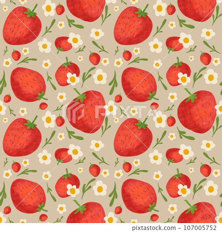 Seamless pattern handdrawns of Strawberry, daisy flower and leaf on  pastel backgrounds. Strawberry wallpaper, cute design for for paper card, cover, fabric, interior decor and other use   107005752