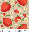 Seamless pattern handdrawns of Strawberry, daisy flower and leaf on  pastel backgrounds. Strawberry wallpaper, cute design for for paper card, cover, fabric, interior decor and other use   107005753